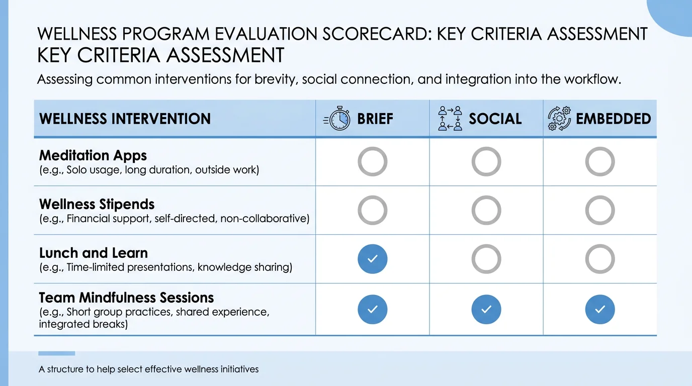 BSE Framework scorecard evaluating wellness programs: meditation apps and stipends fail all three criteria, while team mindfulness sessions pass all three