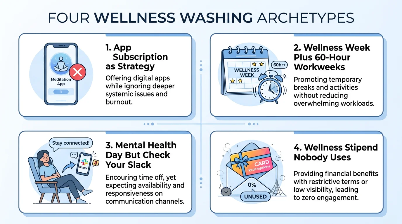 Four wellness washing archetypes: App Subscription as Strategy, Wellness Week Plus 60-Hour Workweeks, Mental Health Day But Check Your Slack, and Wellness Stipend Nobody Uses