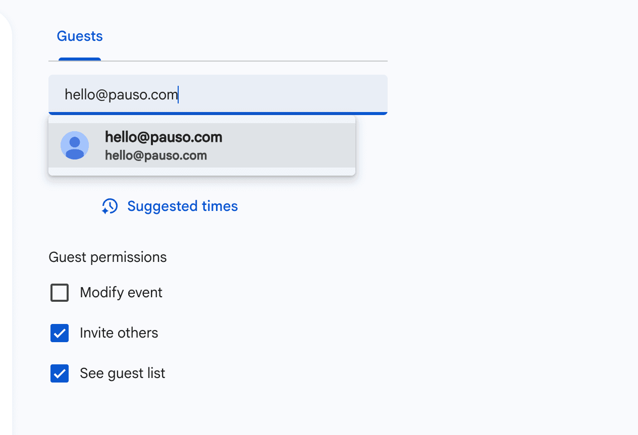 Google Calendar event with a Pauso room link in the location field